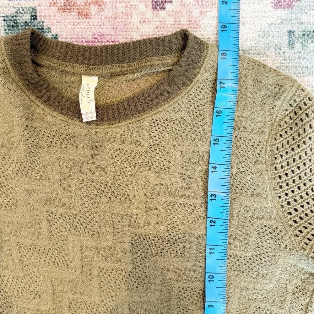 Free People Open Knit Lace Trim Long‎ Sleeve Top XS Indie Grunge Earthy Green
